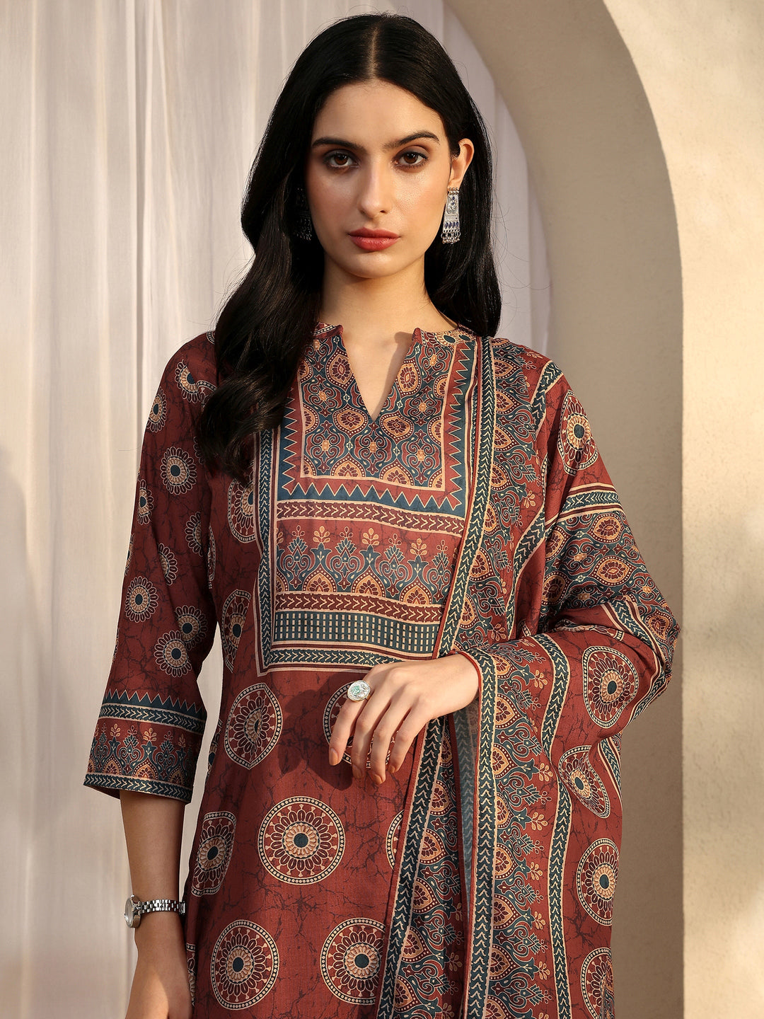 Rust Printed Cotton Blend Straight Suit Set With Dupatta