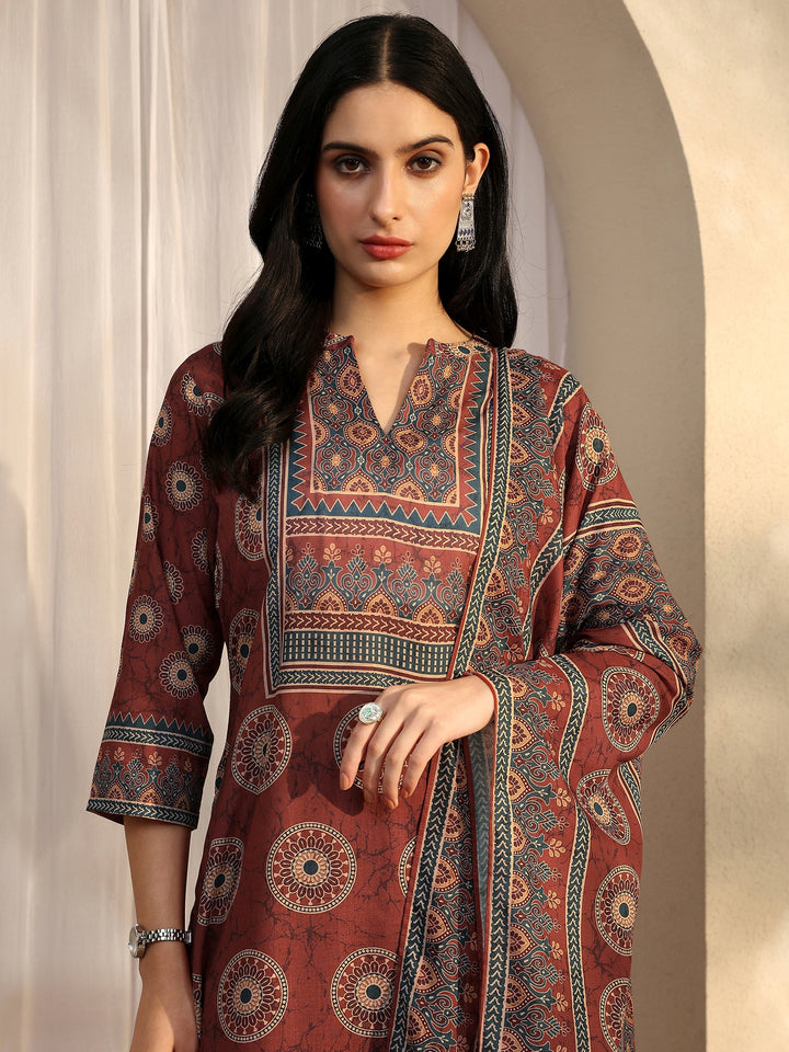 Rust Printed Cotton Blend Straight Suit Set With Dupatta