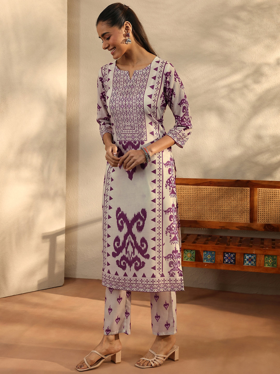 Off White Printed Cotton Blend Straight Suit Set With Dupatta