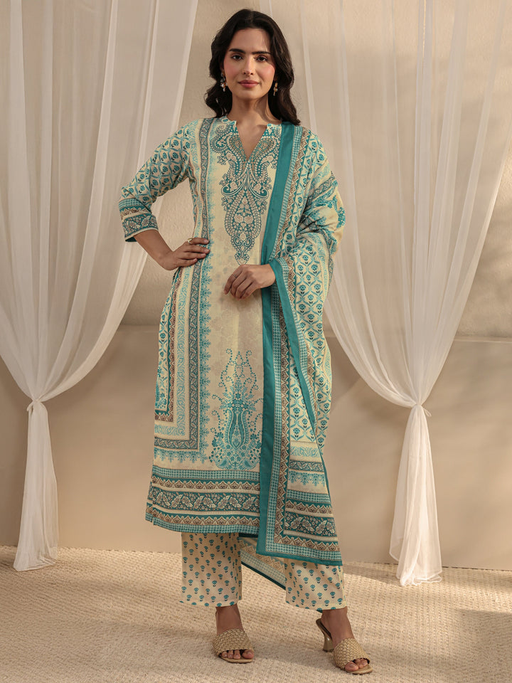Blue Ethnic Motif Printed Cotton Blend Straight Suit Set With Dupatta