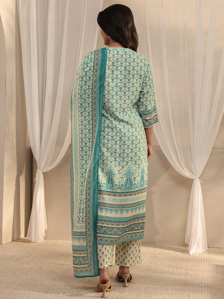 Blue Ethnic Motif Printed Cotton Blend Straight Suit Set With Dupatta
