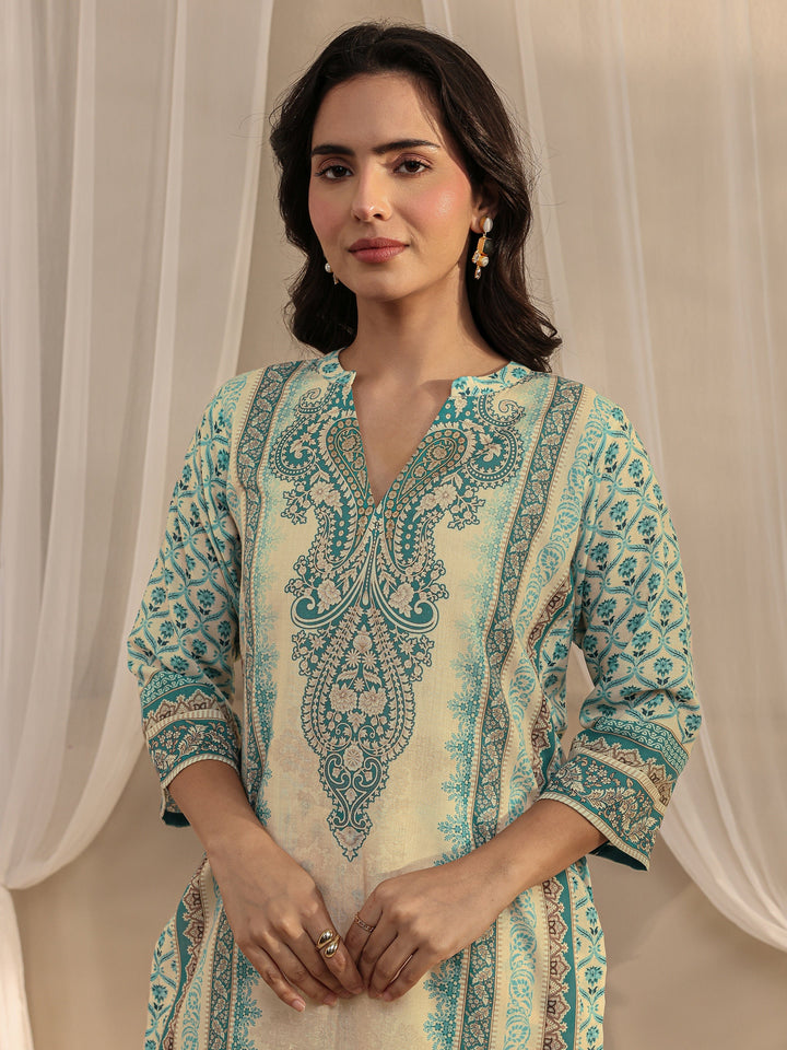 Blue Ethnic Motif Printed Cotton Blend Straight Suit Set With Dupatta