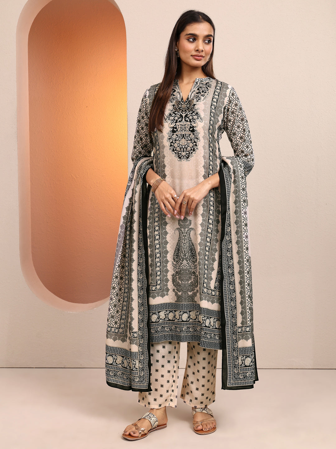 Black Printed Cotton Blend Straight Suit Set With Dupatta