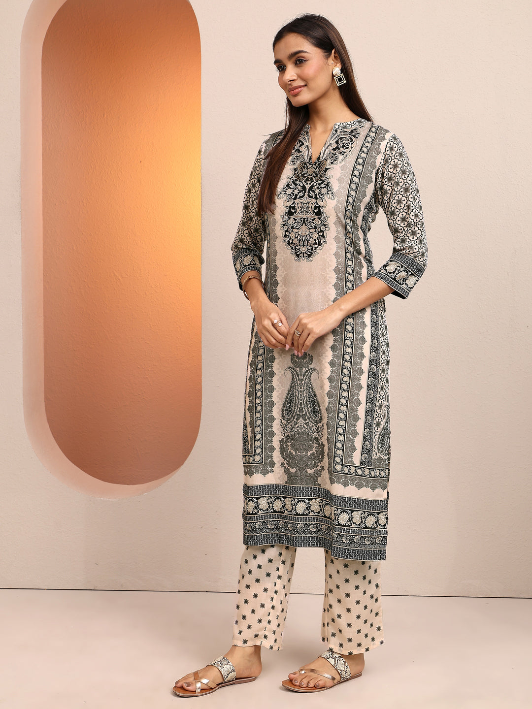 Black Printed Cotton Blend Straight Suit Set With Dupatta