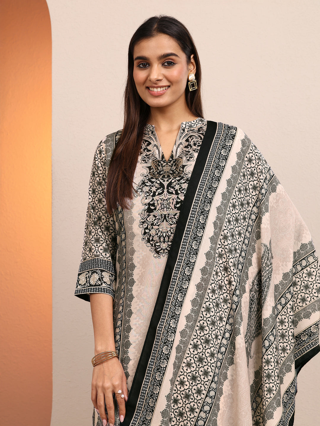 Black Printed Cotton Blend Straight Suit Set With Dupatta