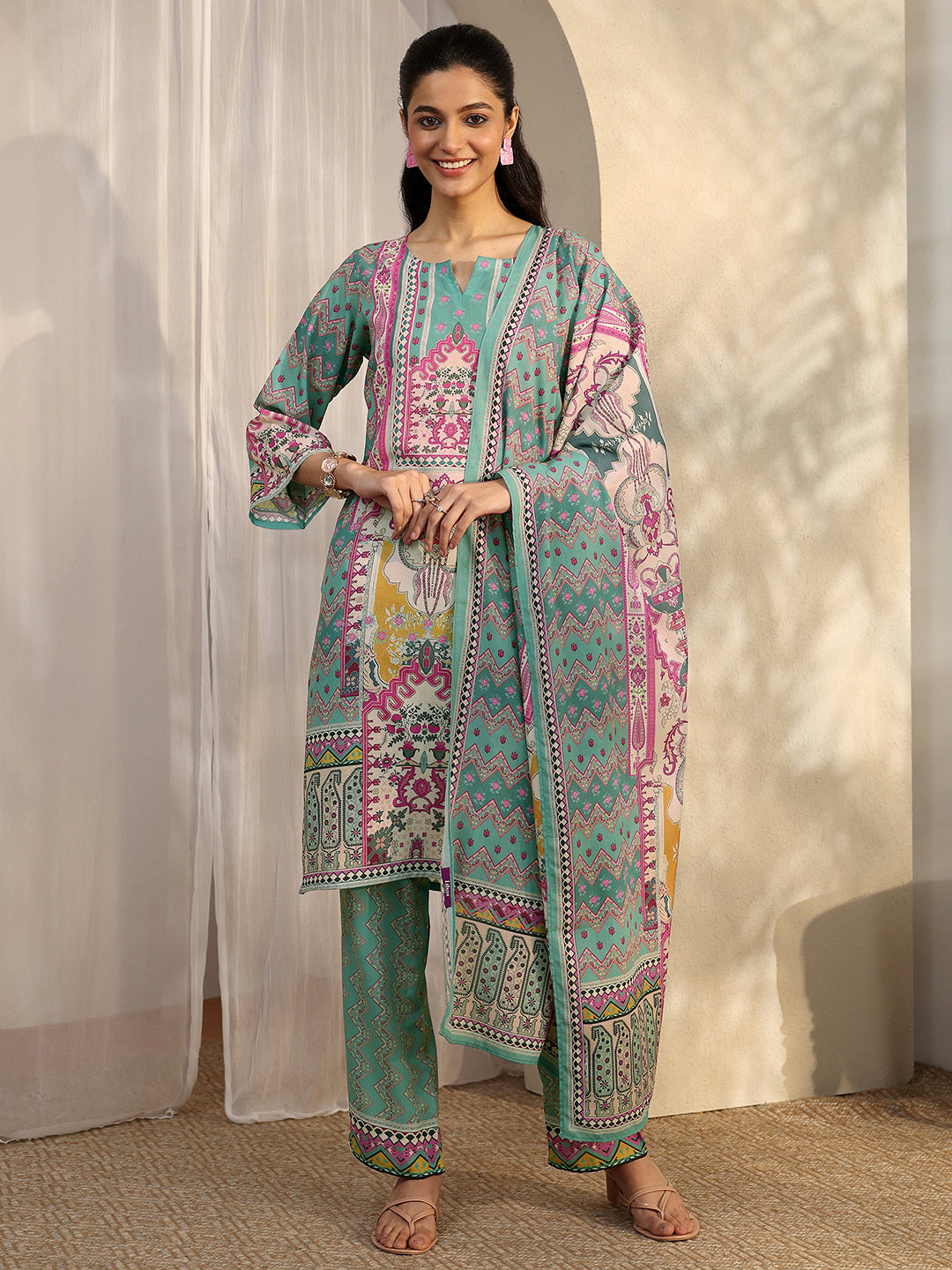 Green Printed Cotton Blend Straight Suit Set With Dupatta