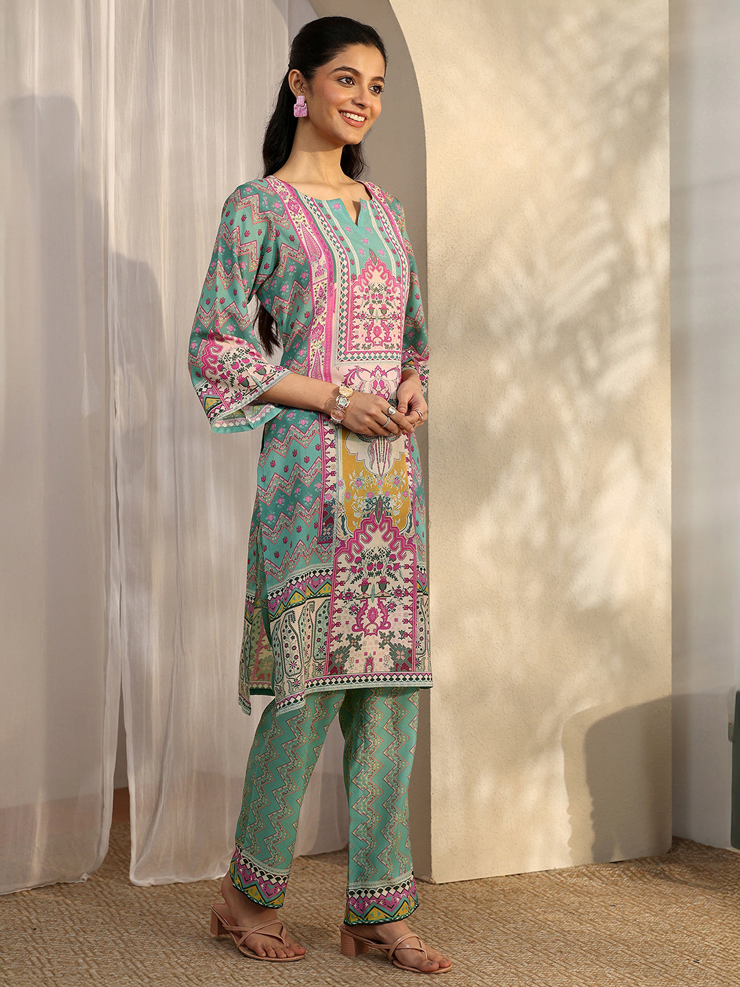 Green Printed Cotton Blend Straight Suit Set With Dupatta