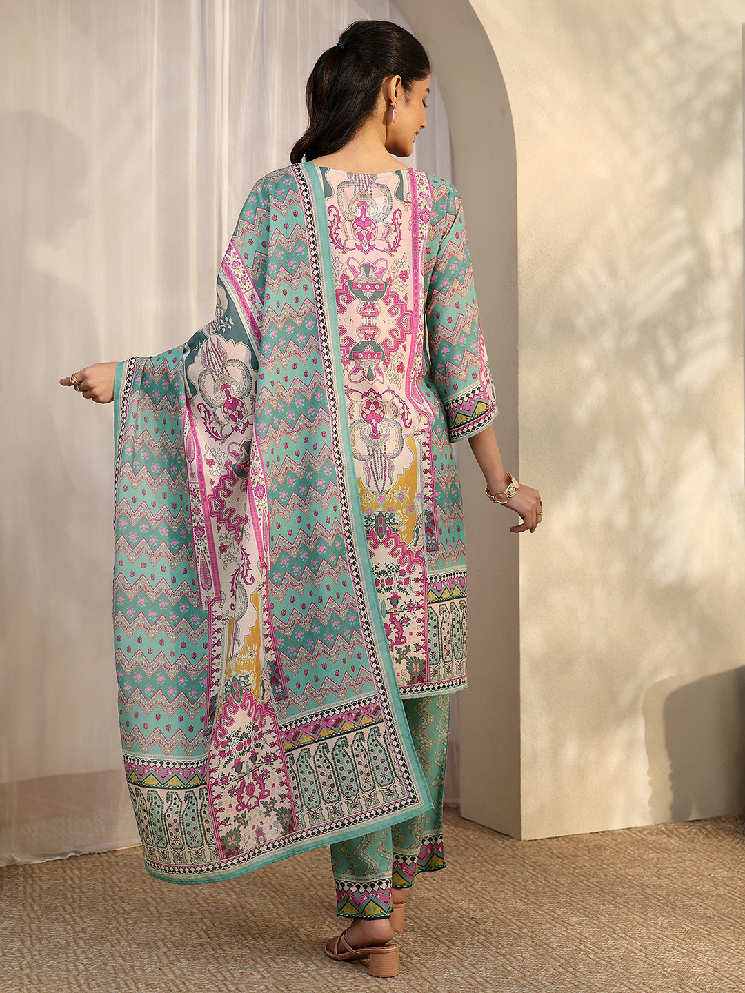 Green Printed Cotton Blend Straight Suit Set With Dupatta