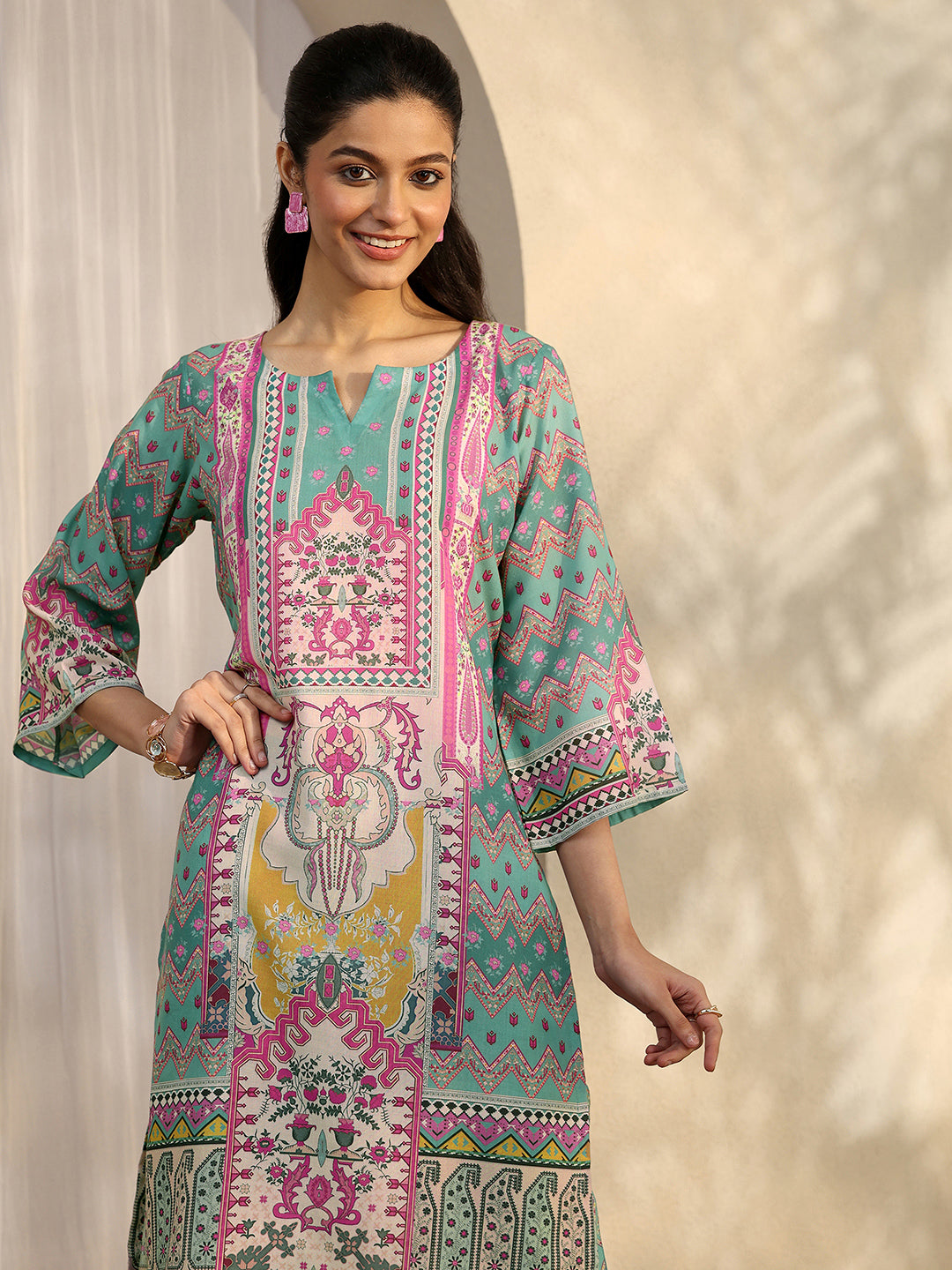 Green Printed Cotton Blend Straight Suit Set With Dupatta