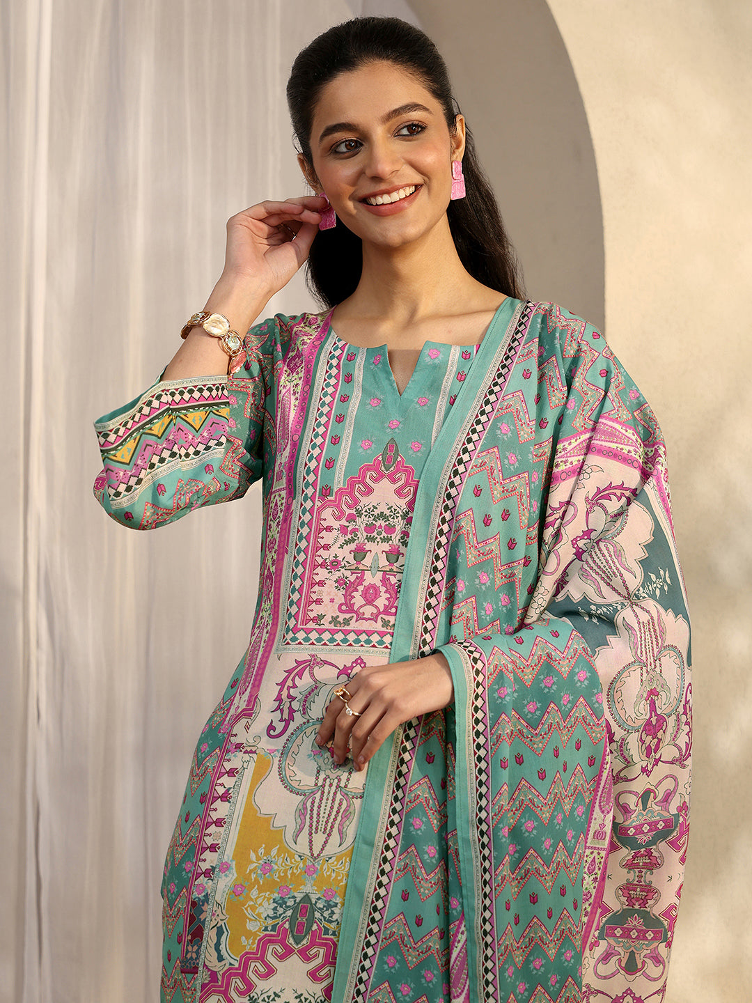 Green Printed Cotton Blend Straight Suit Set With Dupatta