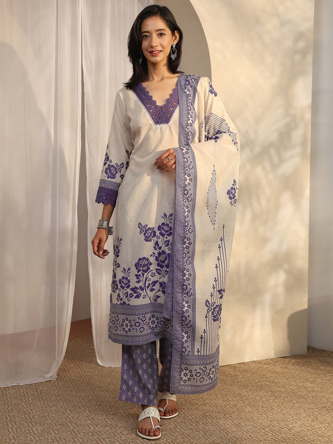 Purple Printed Cotton Blend Straight Suit Set With Dupatta