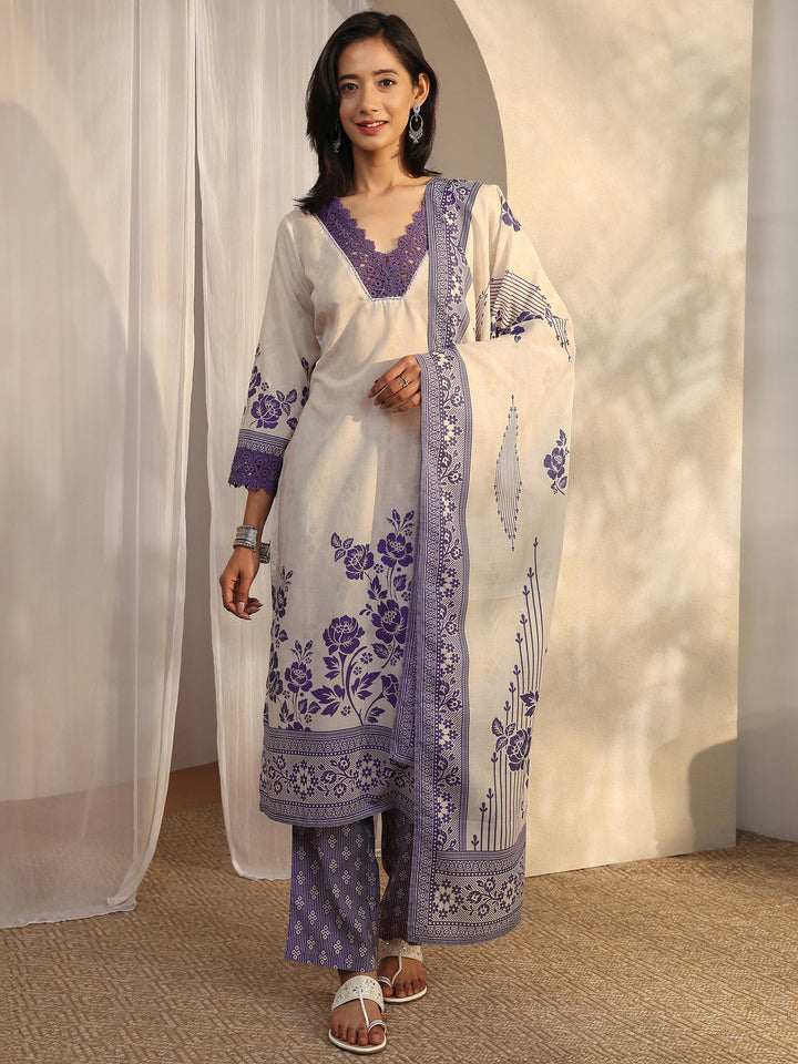 Purple Printed Cotton Blend Straight Suit Set With Dupatta