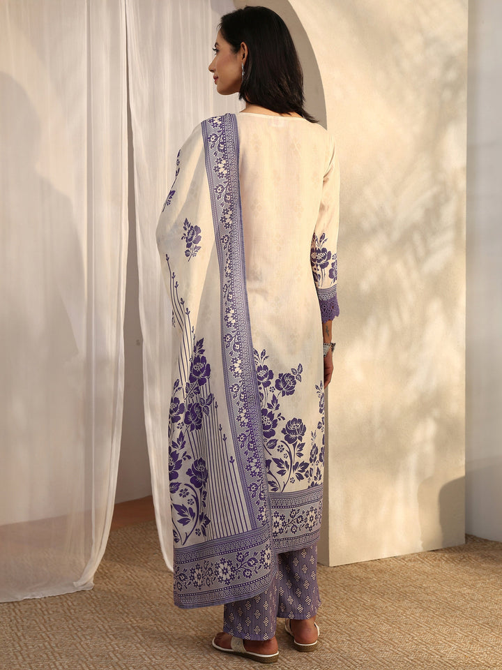 Purple Printed Cotton Blend Straight Suit Set With Dupatta