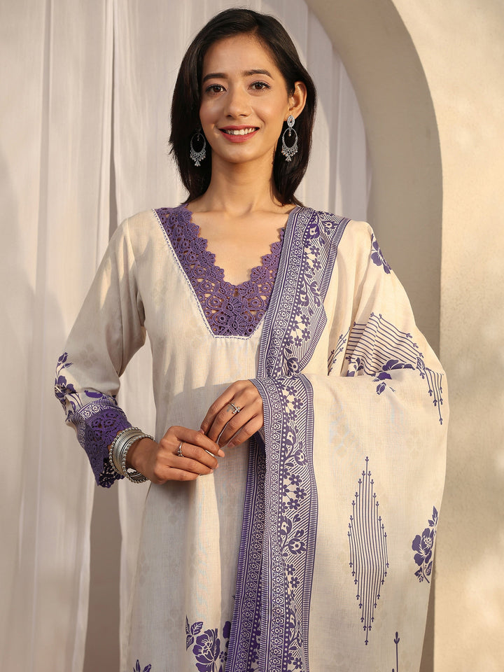 Purple Printed Cotton Blend Straight Suit Set With Dupatta