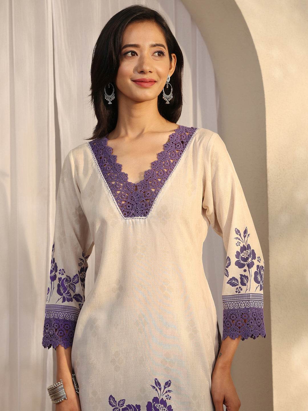 Purple Printed Cotton Blend Straight Suit Set With Dupatta