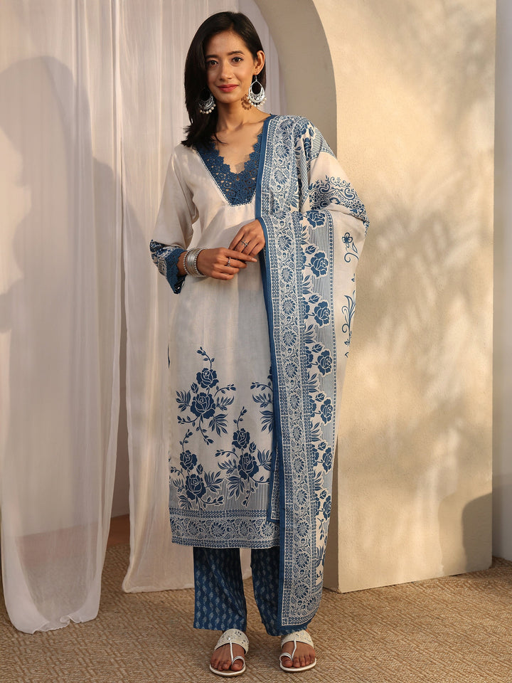 Blue Printed Cotton Blend Straight Suit Set With Dupatta