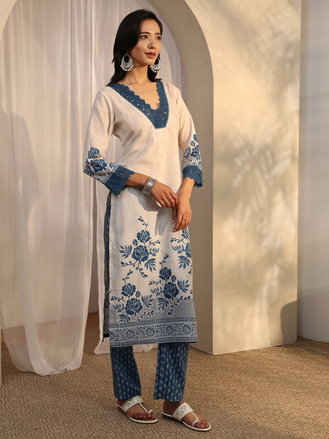 Blue Printed Cotton Blend Straight Suit Set With Dupatta