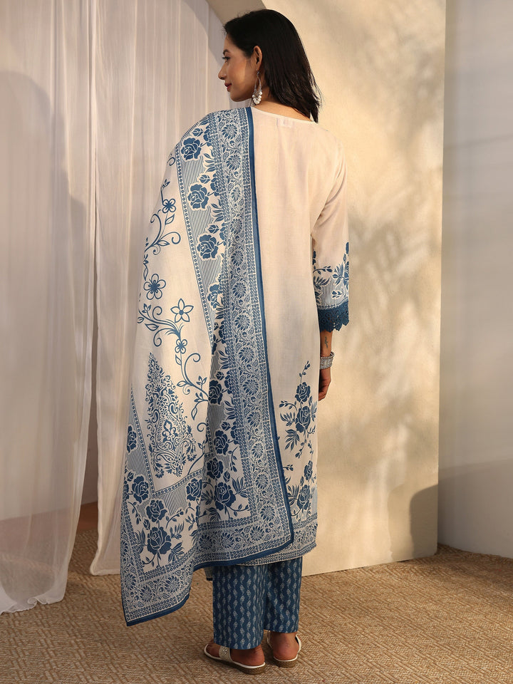 Blue Printed Cotton Blend Straight Suit Set With Dupatta