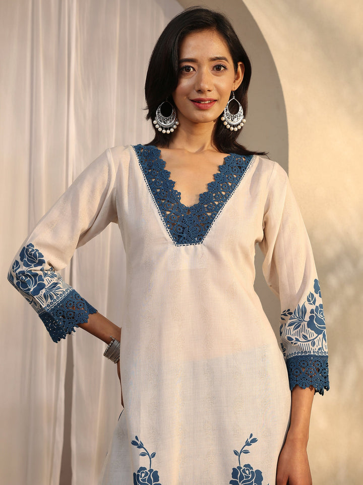 Blue Printed Cotton Blend Straight Suit Set With Dupatta