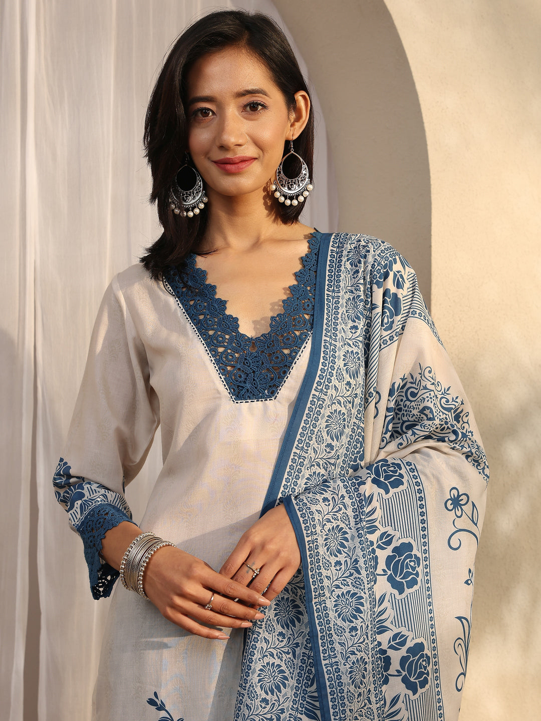 Blue Printed Cotton Blend Straight Suit Set With Dupatta