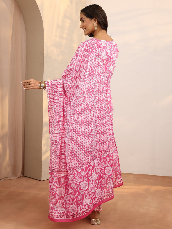 Pink Printed Cotton Straight Suit Set With Dupatta