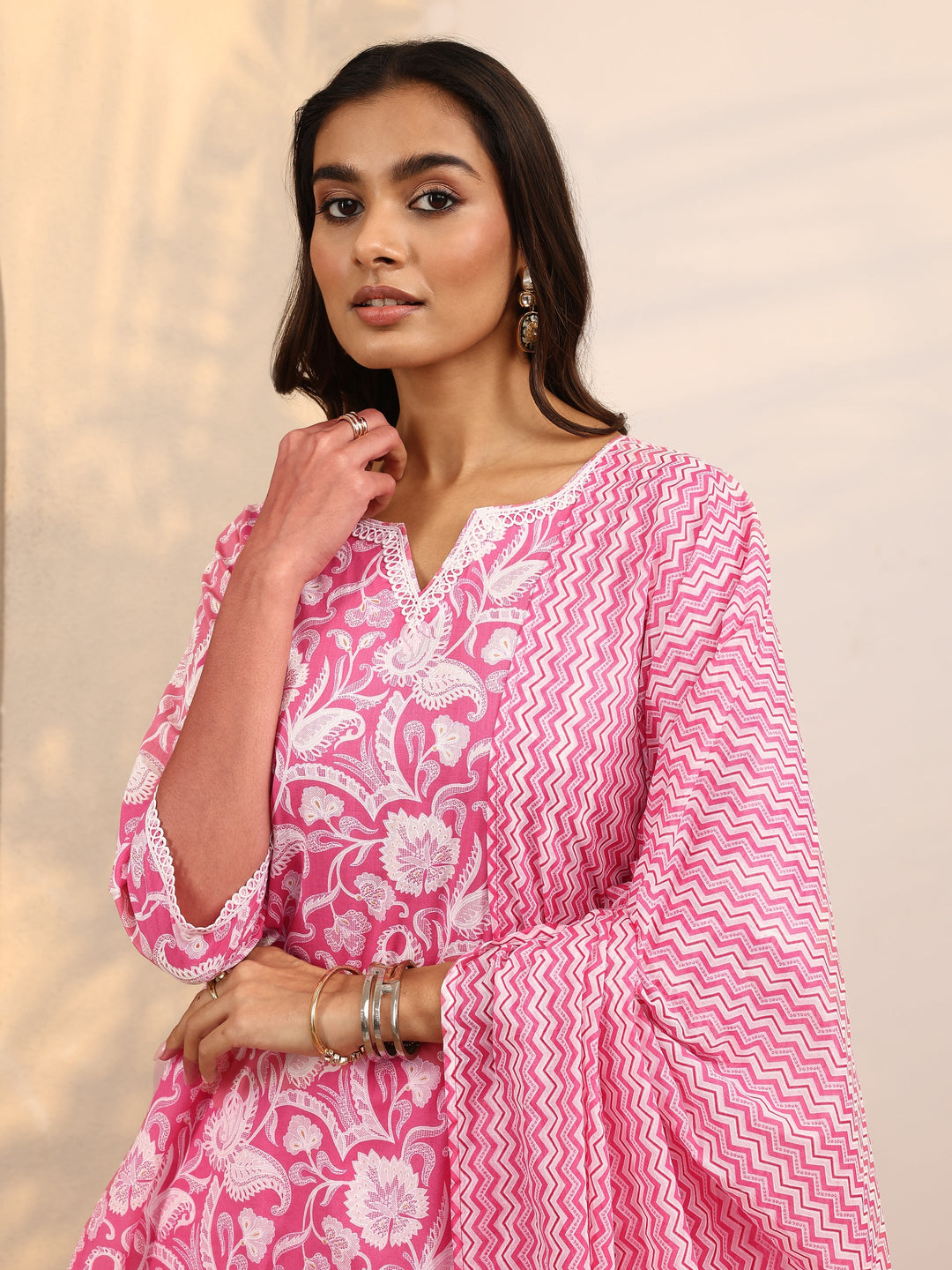 Pink Printed Cotton Straight Suit Set With Dupatta