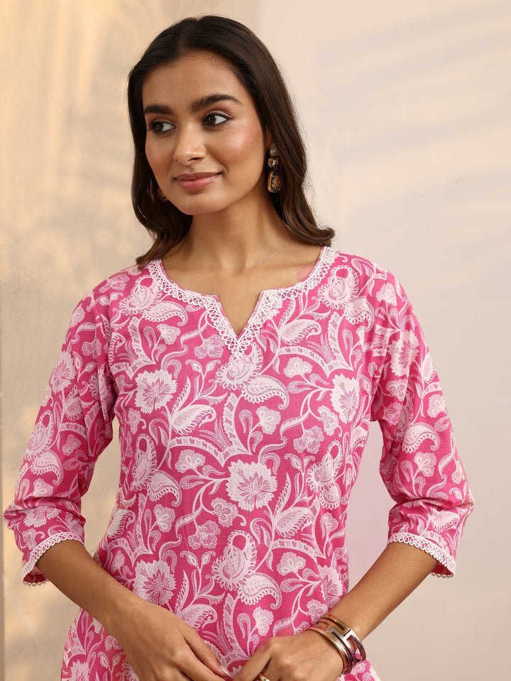 Pink Printed Cotton Straight Suit Set With Dupatta