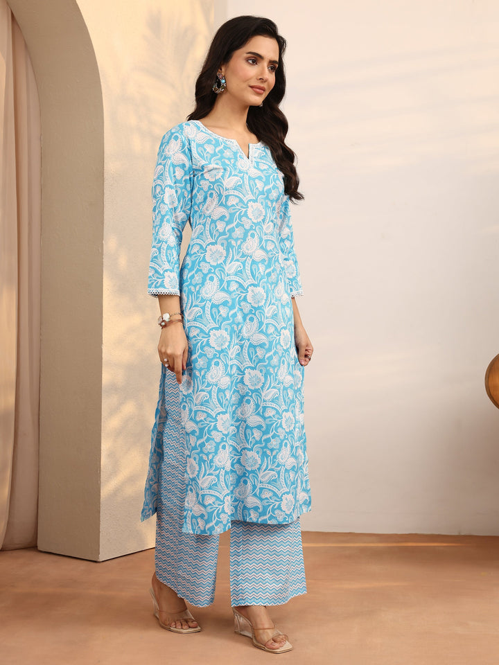Blue Printed Cotton Straight Suit Set With Dupatta