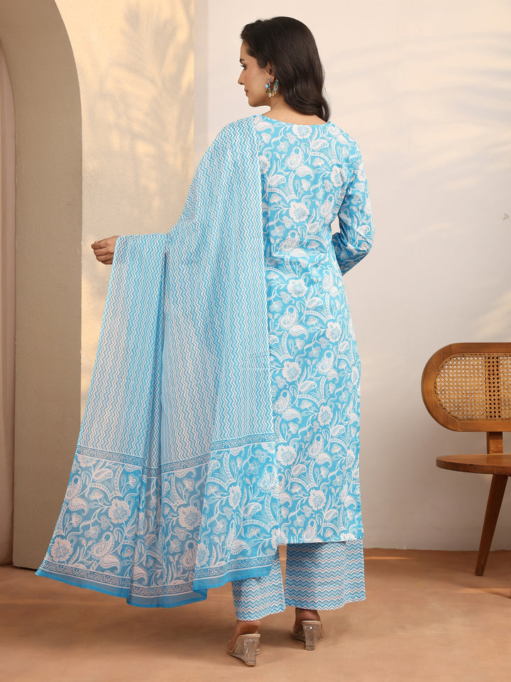 Blue Printed Cotton Straight Suit Set With Dupatta