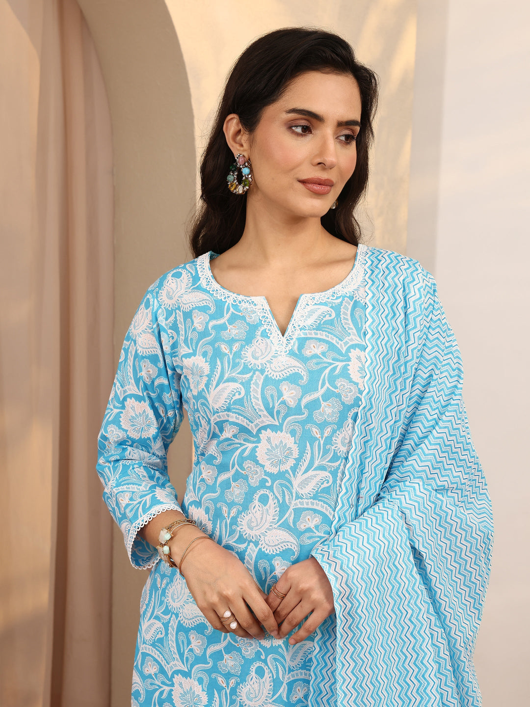 Blue Printed Cotton Straight Suit Set With Dupatta