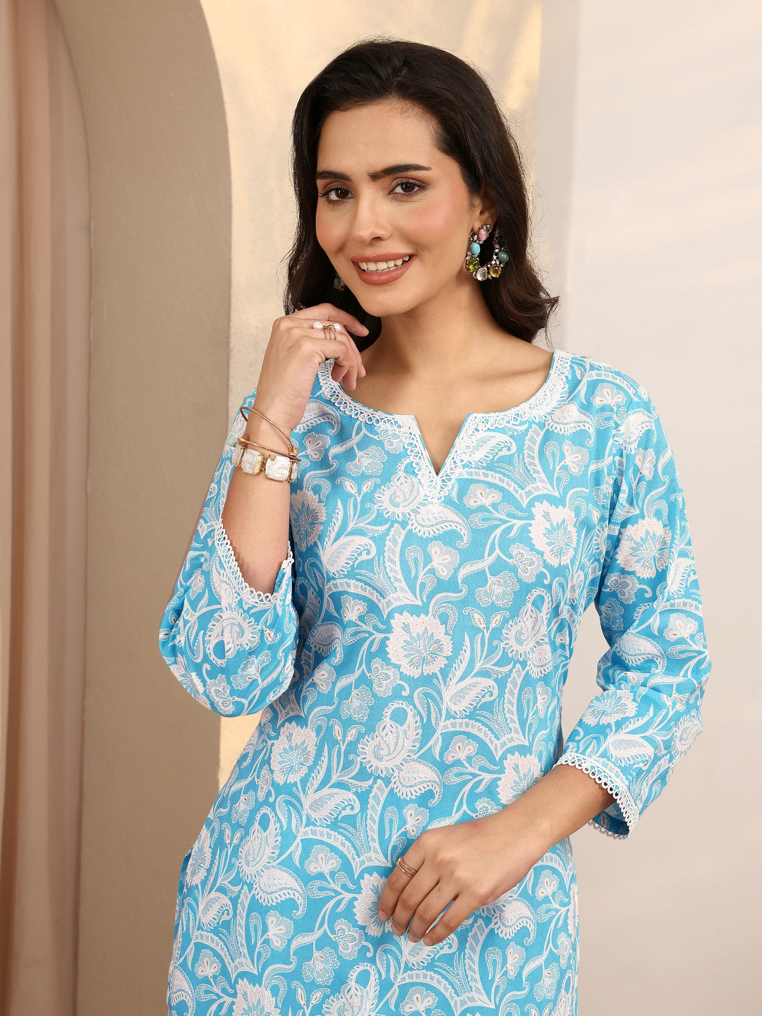 Blue Printed Cotton Straight Suit Set With Dupatta