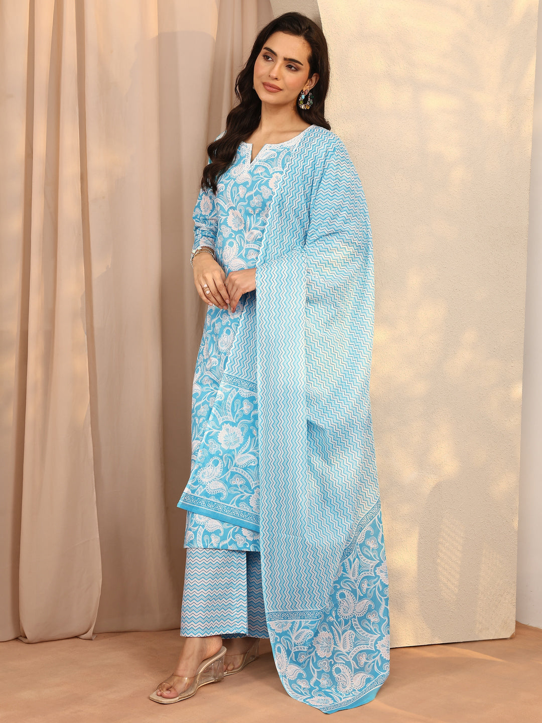 Blue Printed Cotton Straight Suit Set With Dupatta