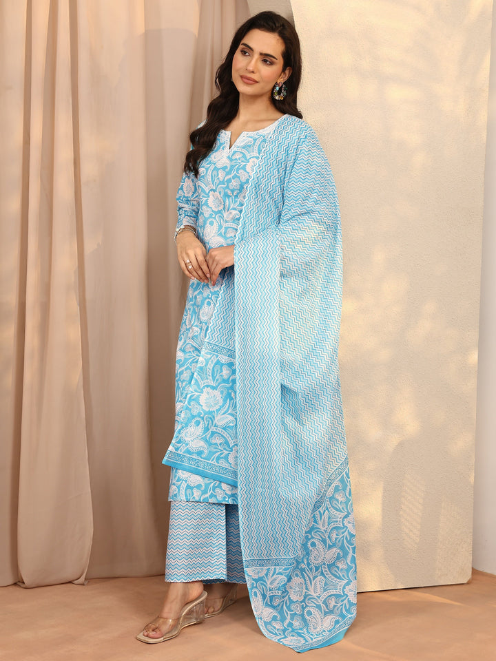 Blue Printed Cotton Straight Suit Set With Dupatta