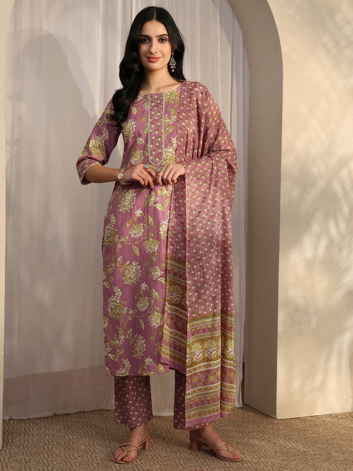 Mauve Printed Cotton Straight Suit Set With Dupatta