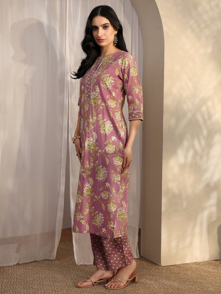 Mauve Printed Cotton Straight Suit Set With Dupatta