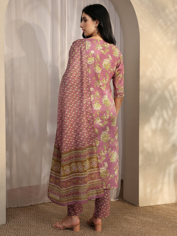 Mauve Printed Cotton Straight Suit Set With Dupatta