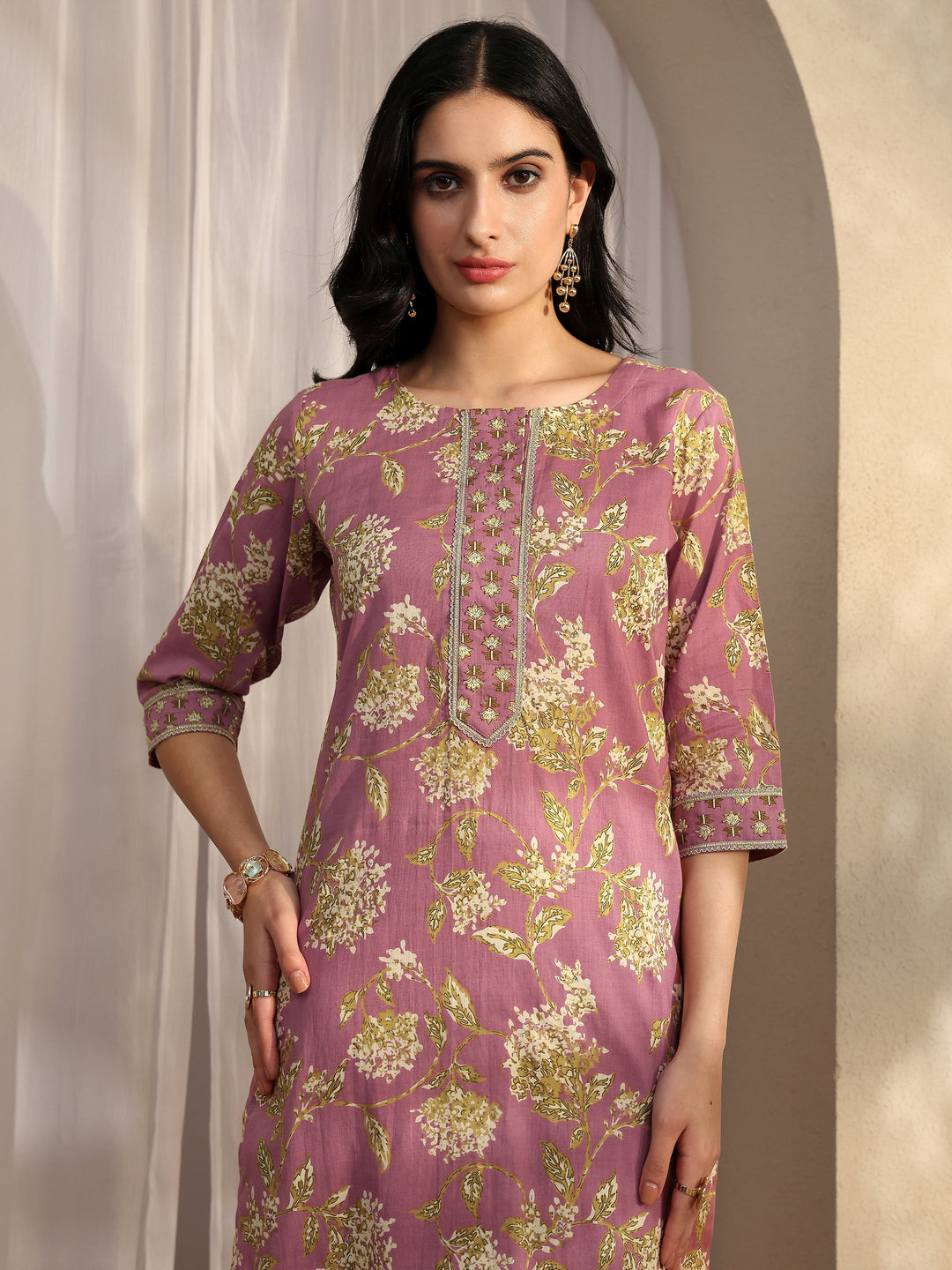 Mauve Printed Cotton Straight Suit Set With Dupatta