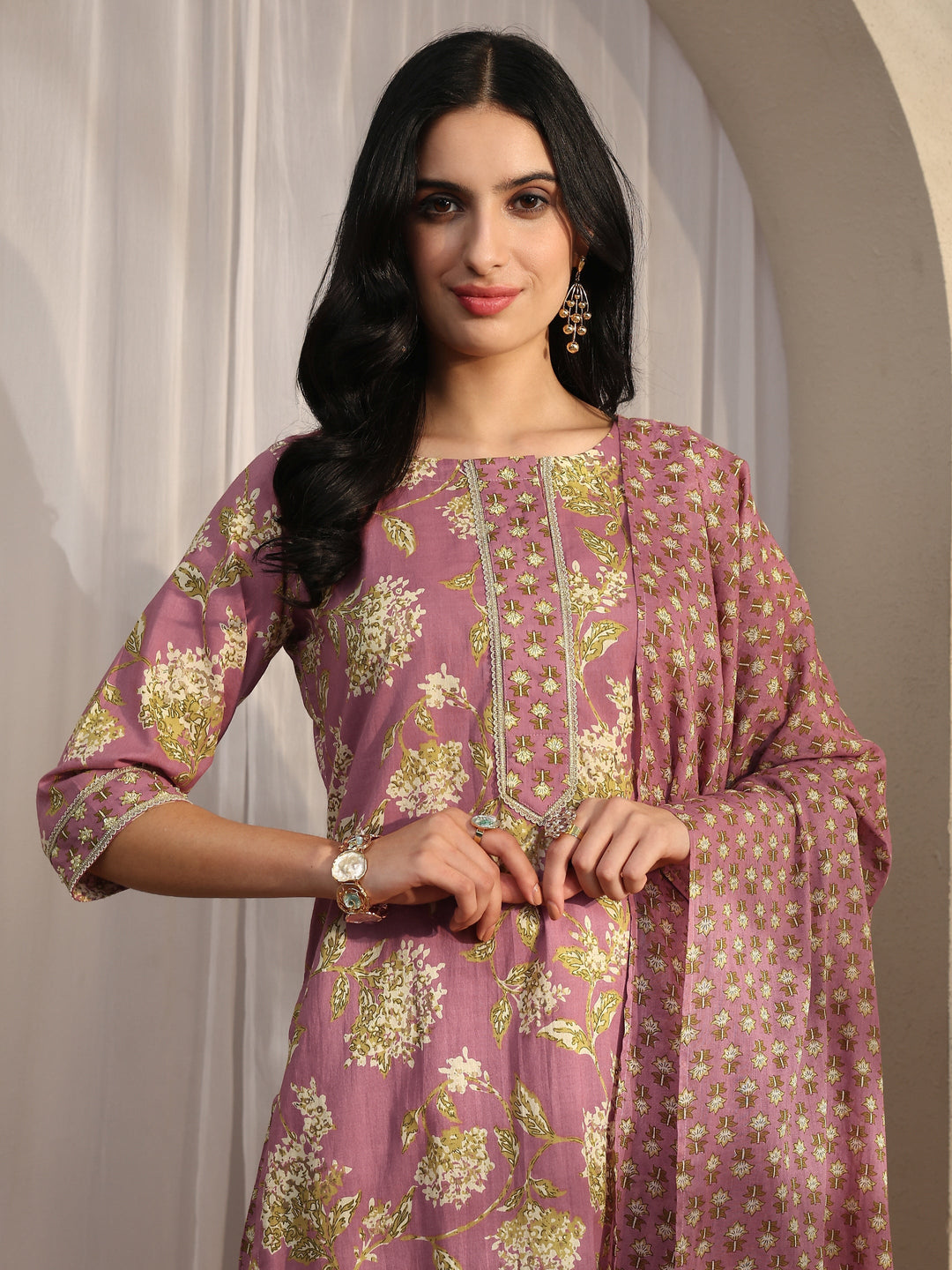 Mauve Printed Cotton Straight Suit Set With Dupatta
