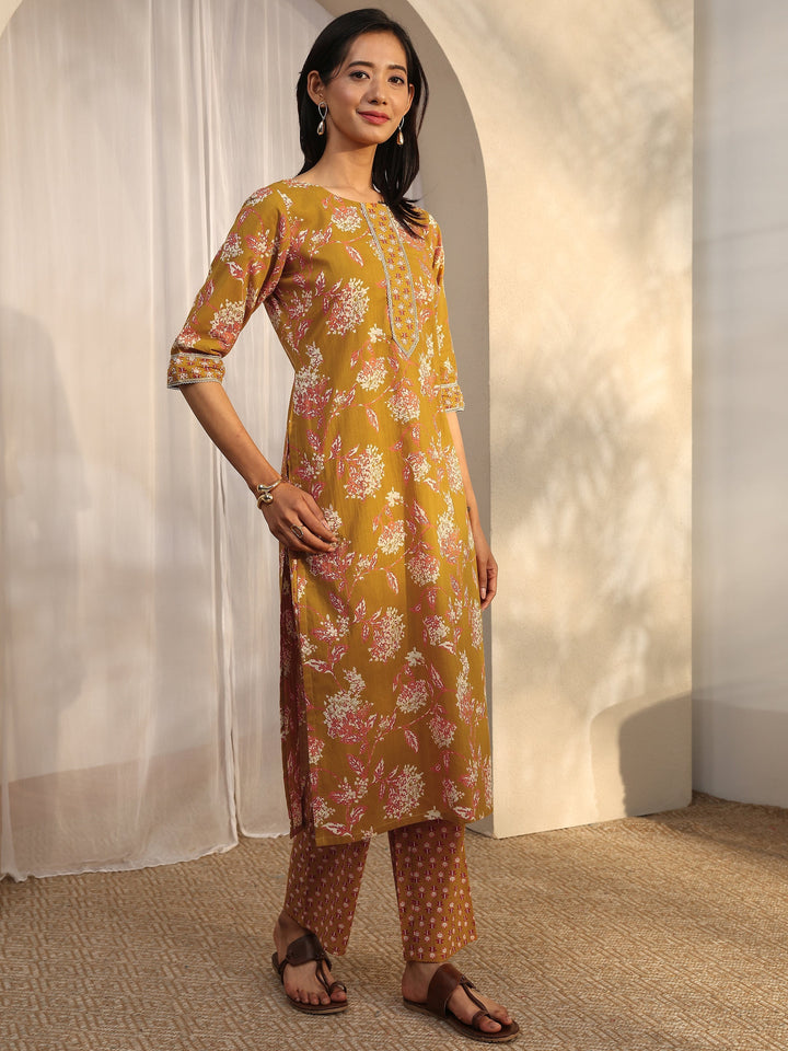 Mustard Printed Cotton Straight Suit Set With Dupatta