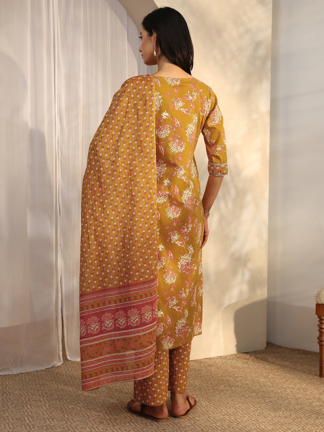 Mustard Printed Cotton Straight Suit Set With Dupatta