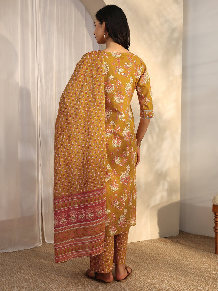 Mustard Printed Cotton Straight Suit Set With Dupatta