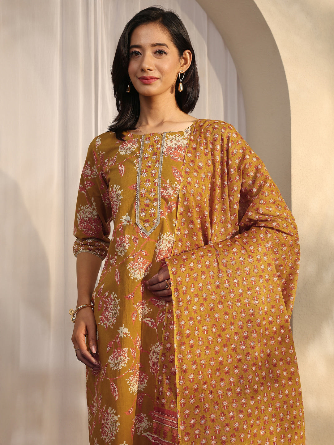 Mustard Printed Cotton Straight Suit Set With Dupatta