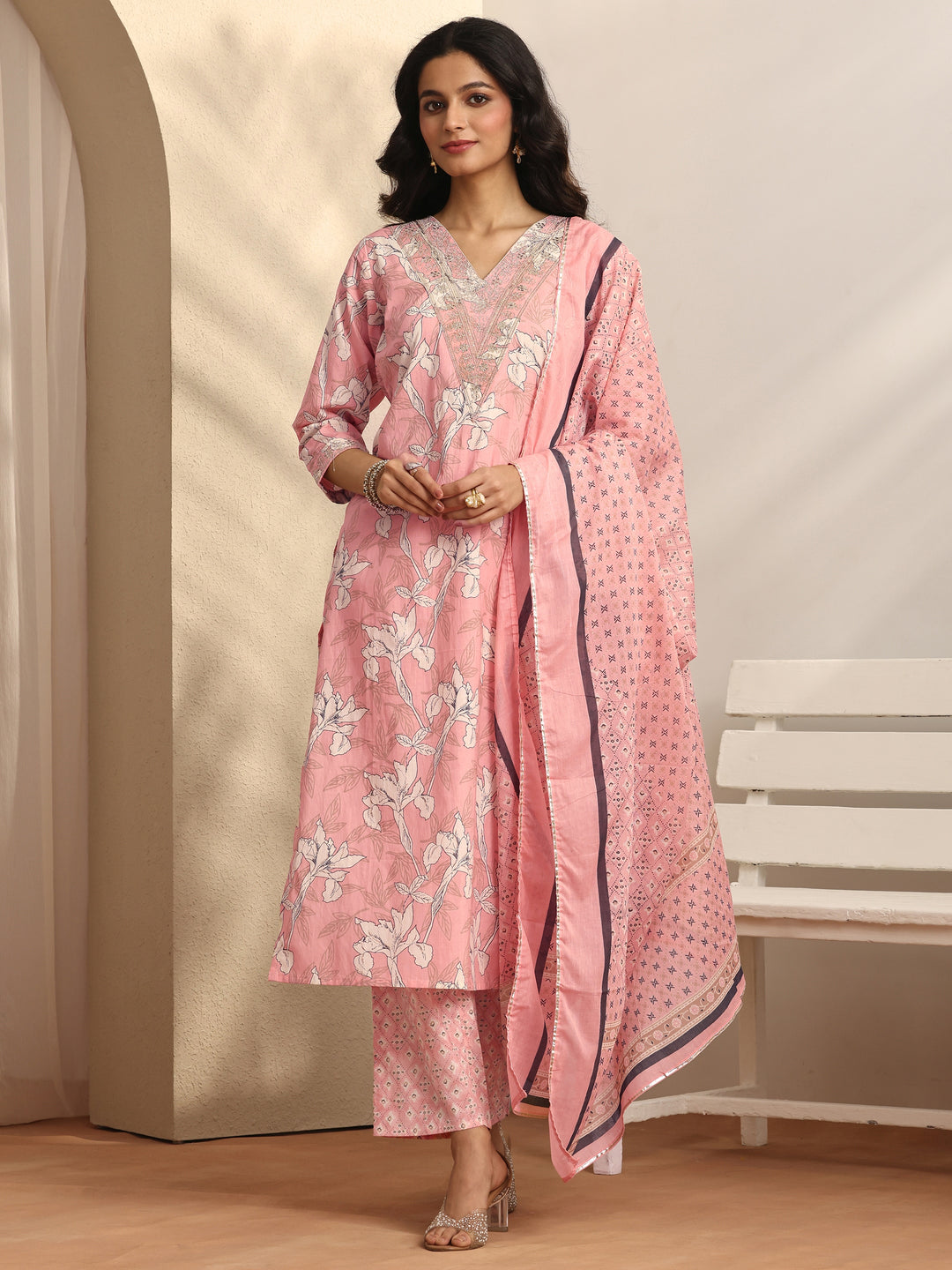 Peach Printed Cotton Straight Suit Set With Dupatta