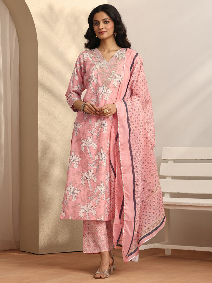 Peach Printed Cotton Straight Suit Set With Dupatta