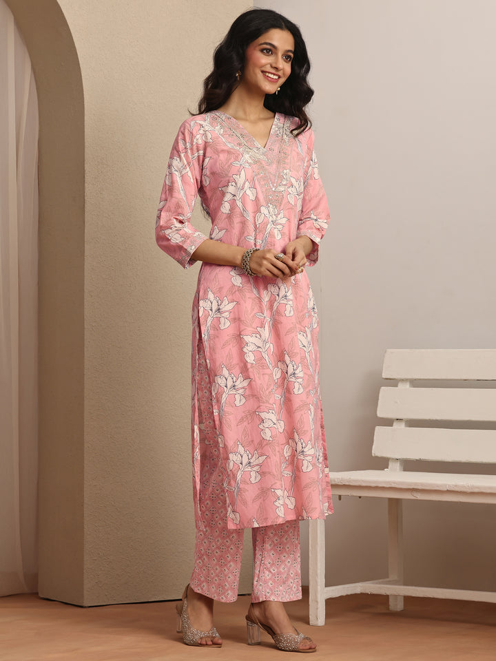 Peach Printed Cotton Straight Suit Set With Dupatta