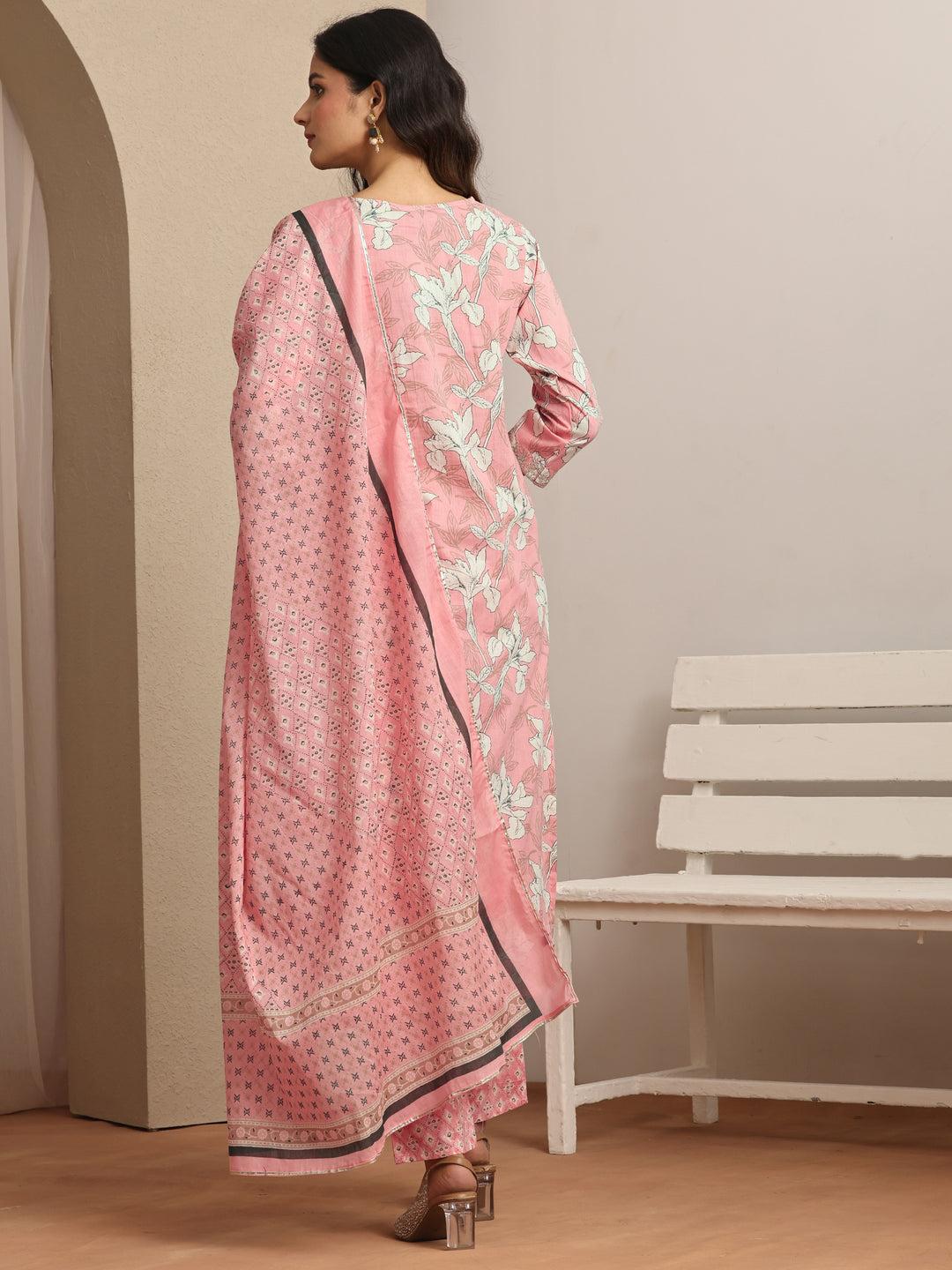 Peach Printed Cotton Straight Suit Set With Dupatta