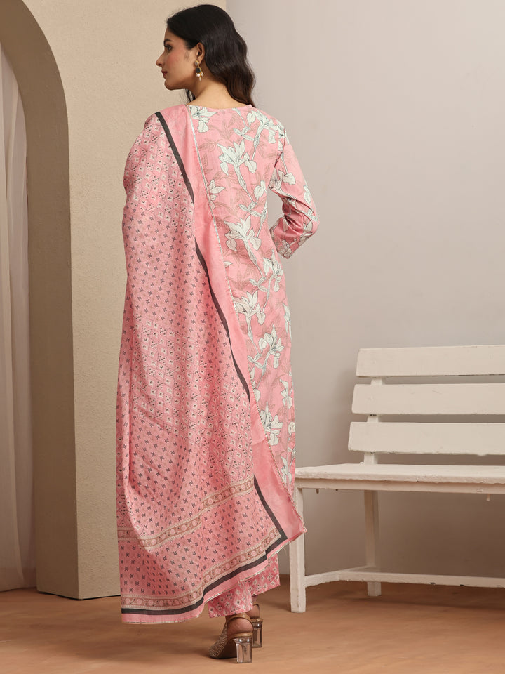 Peach Printed Cotton Straight Suit Set With Dupatta
