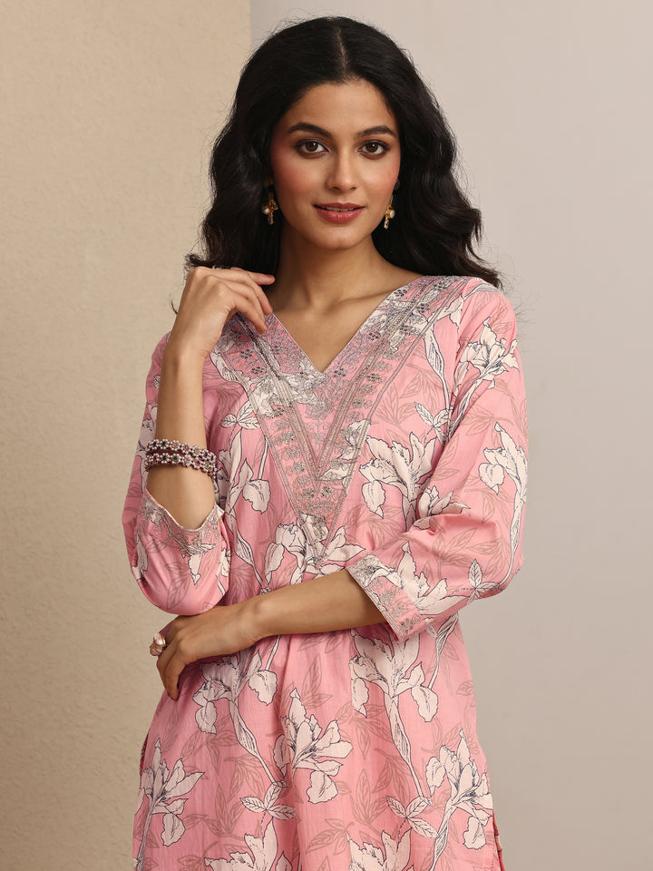 Peach Printed Cotton Straight Suit Set With Dupatta