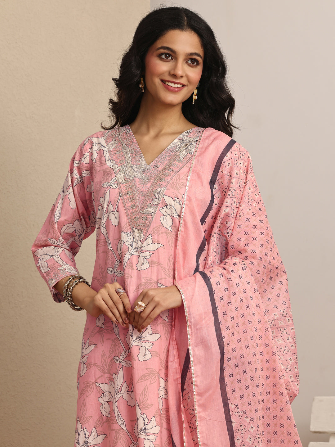 Peach Printed Cotton Straight Suit Set With Dupatta