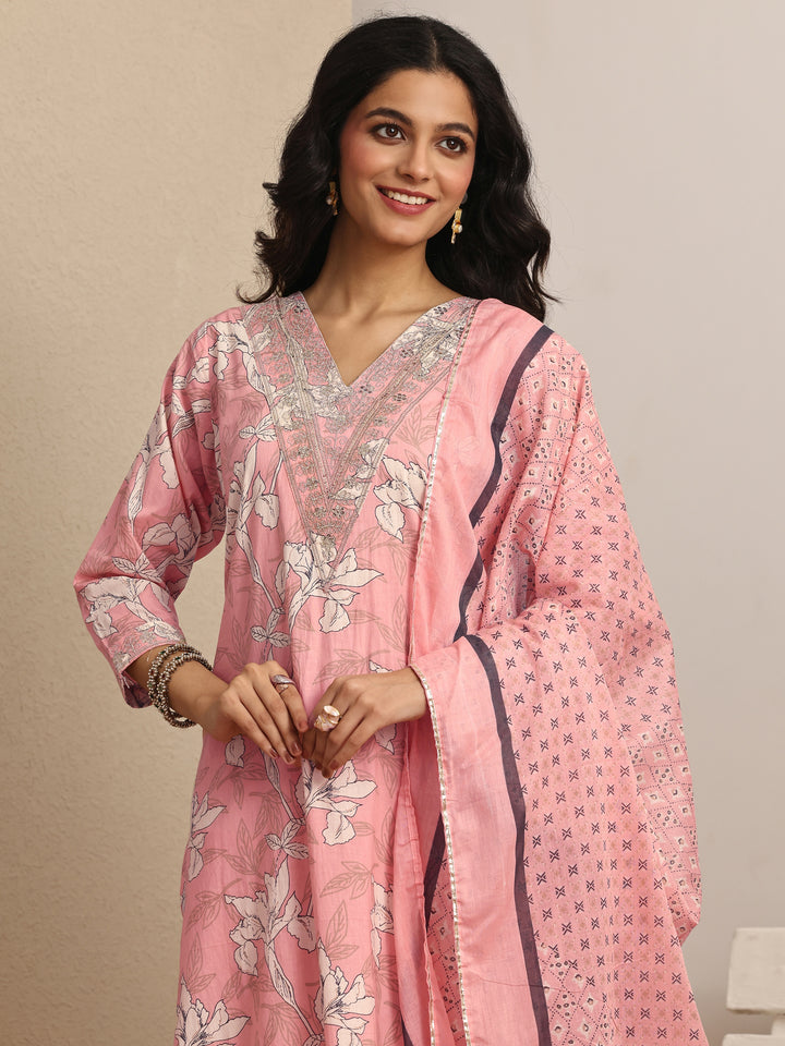 Peach Printed Cotton Straight Suit Set With Dupatta